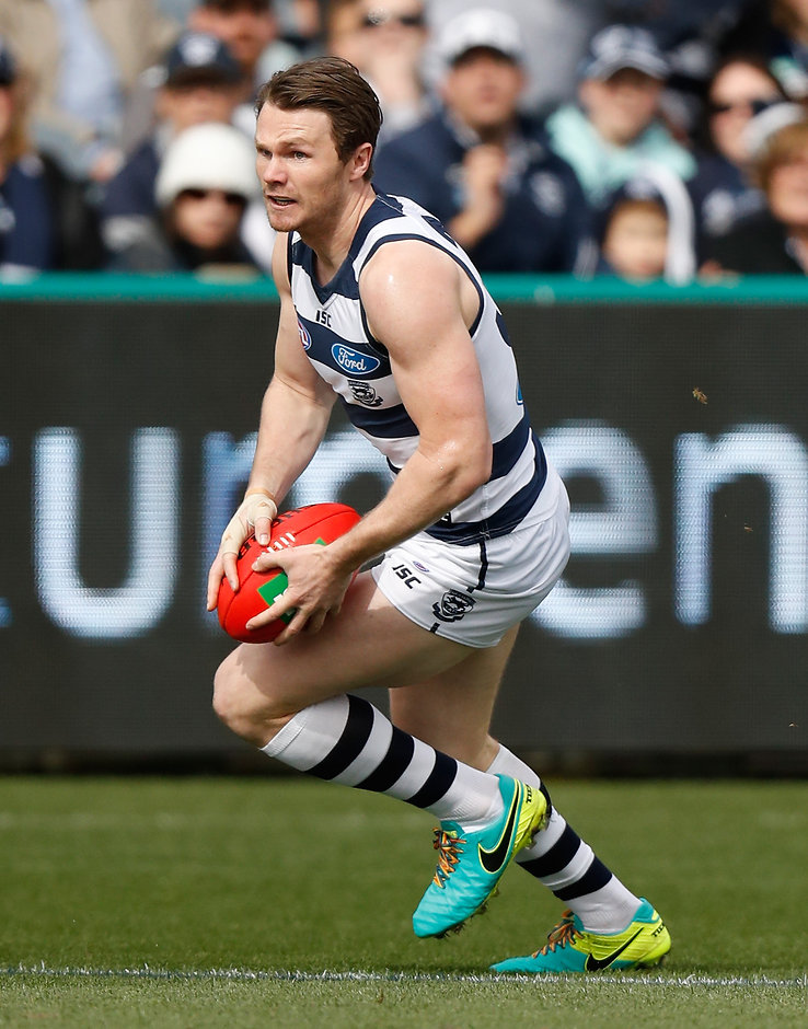 AFL 2016 Rd 23 - Geelong v Melbourne GEELONG, AUSTRALIA - AUGUST 27: Patrick Dangerfield of the Cats in action during the 2016 AFL Round 23 match between the Geelong Cats and the Melbourne Demons at Simonds Stadium on August 27, 2016 in Geelong, Australia. (Photo by Michael Willson/AFL Media)